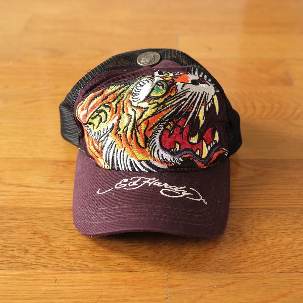 Ed Hardy Trucker Hat Unisex Burgundy Tiger Embroidery Y2K Streetwear Snapback